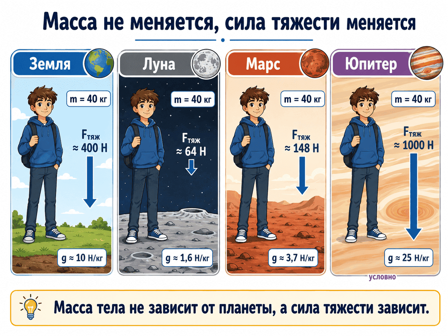 Один и тот же ученик массой 40 кг на Земле, Луне, Марсе и Юпитере: масса везде 40 кг, а сила тяжести разная