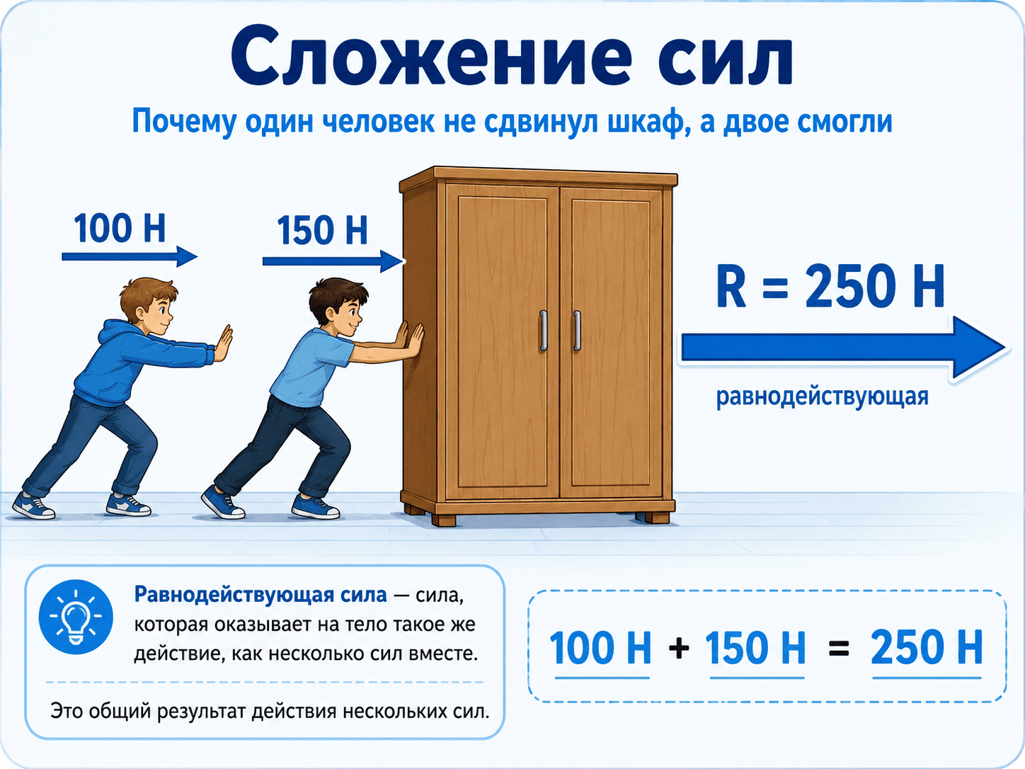 Один человек толкает шкаф силой 100 Н, второй — силой 150 Н, равнодействующая R = 250 Н